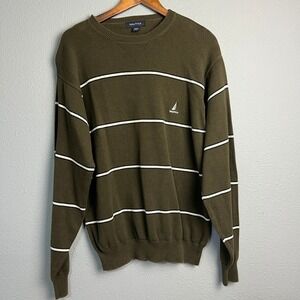 Nautica Mens Y2K Striped Crew Neck Sweater Olive Green White Cotton‎ Lg Coastal